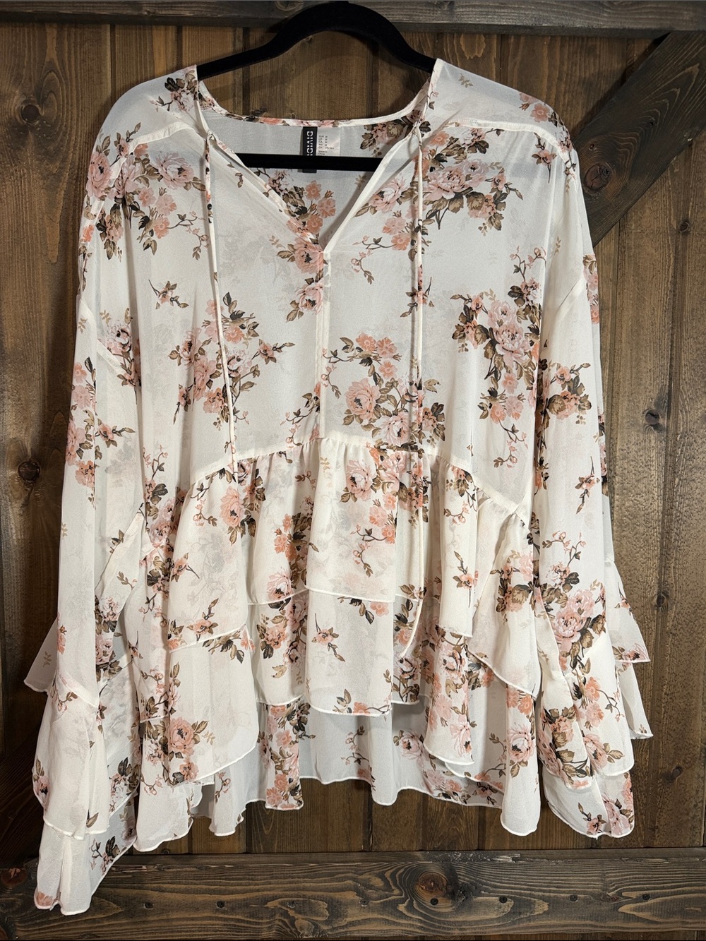 Divided Cream Floral Ruffle Tunic with Pink Blossoms (sheer)